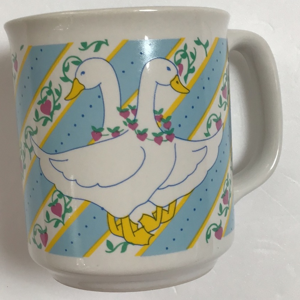 Vintage Farmhouse Two Geese Strawberry‎ Heart Vine Necklace Blue Stripe Mug